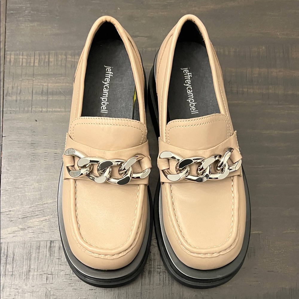 Jeffrey Campbell Tan Loafers with Silver Chain